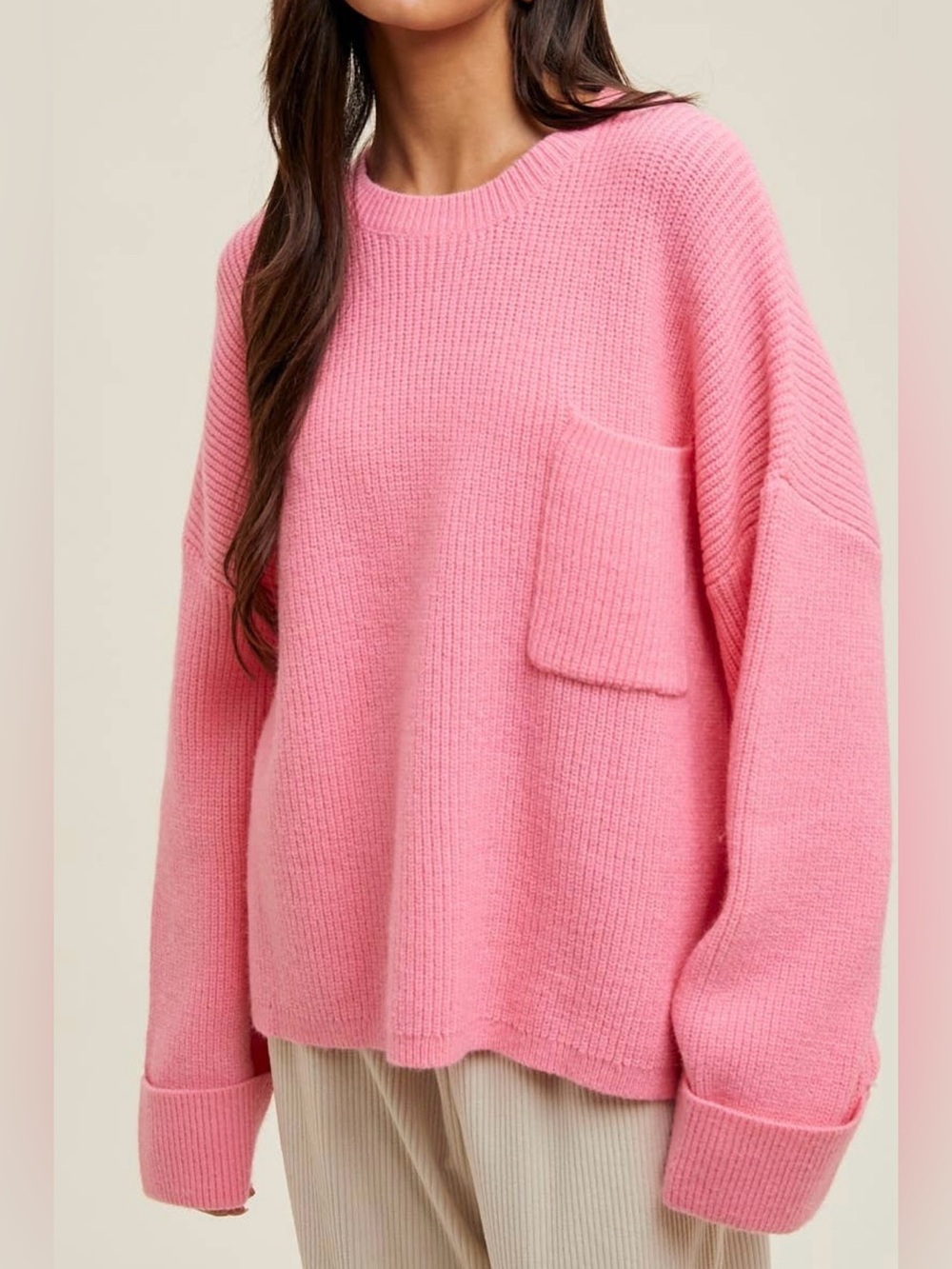 Wishlist Bubblegum Pink Oversized Drop Shoulder Knit Pocket Front Sweater Medium